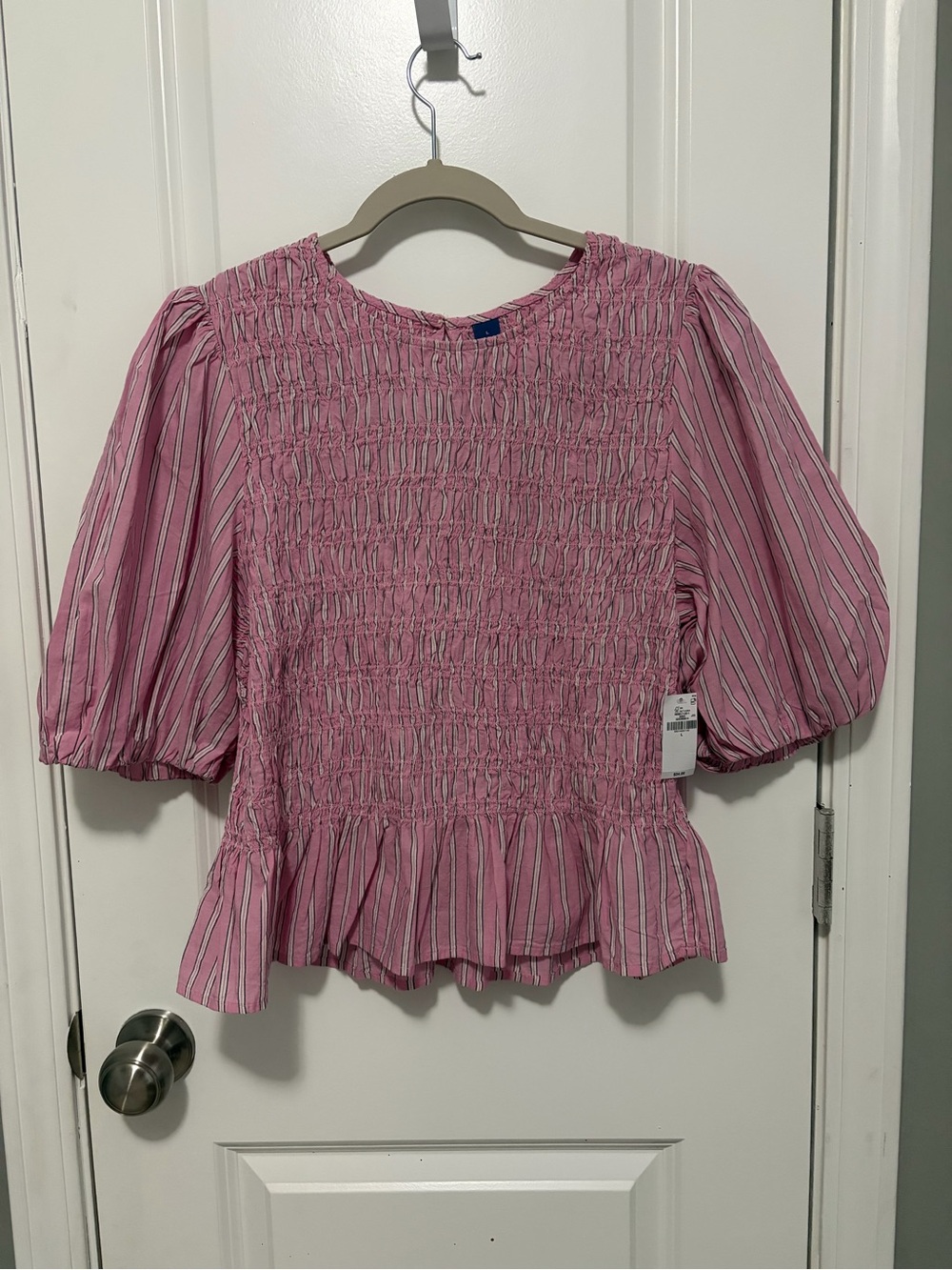 Old Navy Pink Striped Smocked Peplum Puff Sleeve Blouse